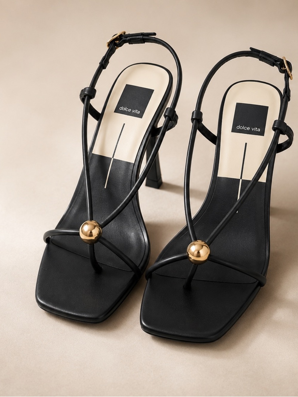 Dolce Vita Black Strappy Sling Sandals with Gold Ball Accent